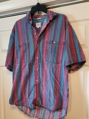 Vintage Chaps Purple and Teal Striped Short-Sleeve Button-Up Shirt